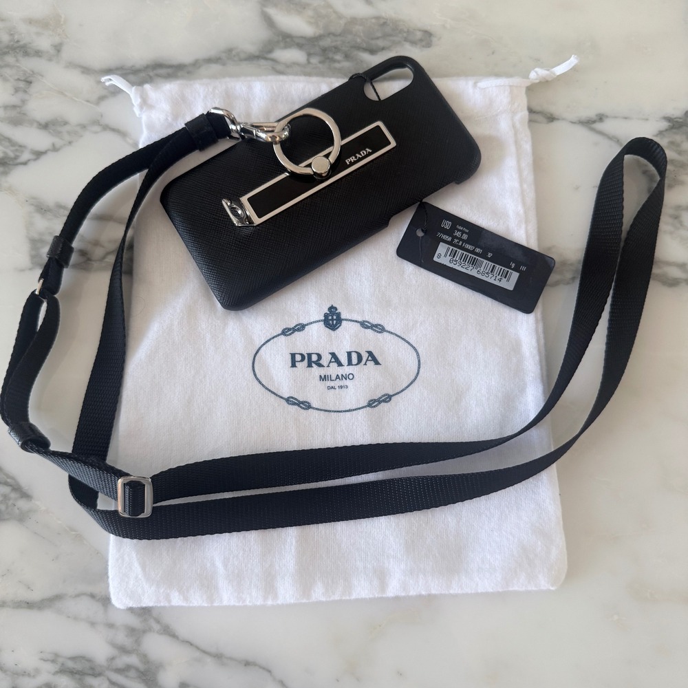 Prada Saffiano Leather iPhone X XS Case with Ring Stand and Strap Black 2ZH058